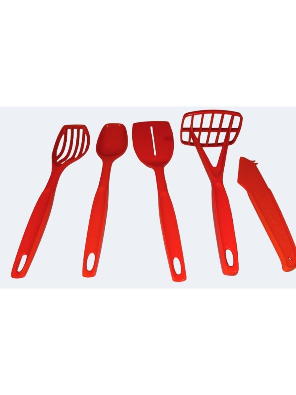 Vintage Foley Orange Plastic Kitchen Utensil Set Of 5 Incl Masher Slotted Spat